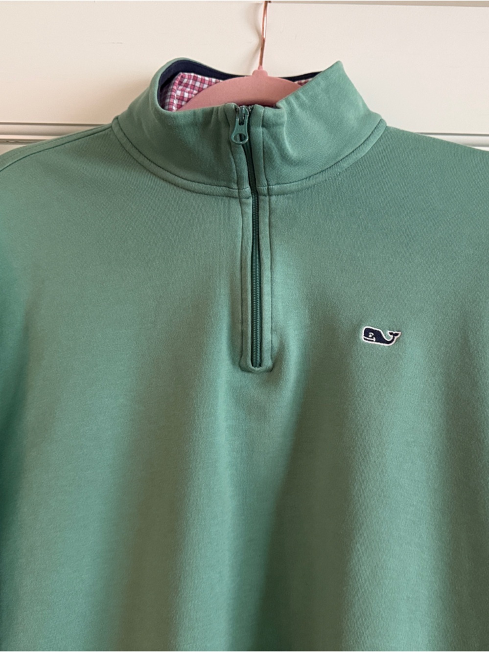 Vineyard Vines Pink and White Gingham Button-Down Shirt and Green Pullover - Picture 7 of 9
